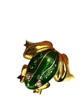 Vintage Avon Frog Toad Pin Tie Tac Gold Tone Green Enamel Clear Rhinestone Eyes